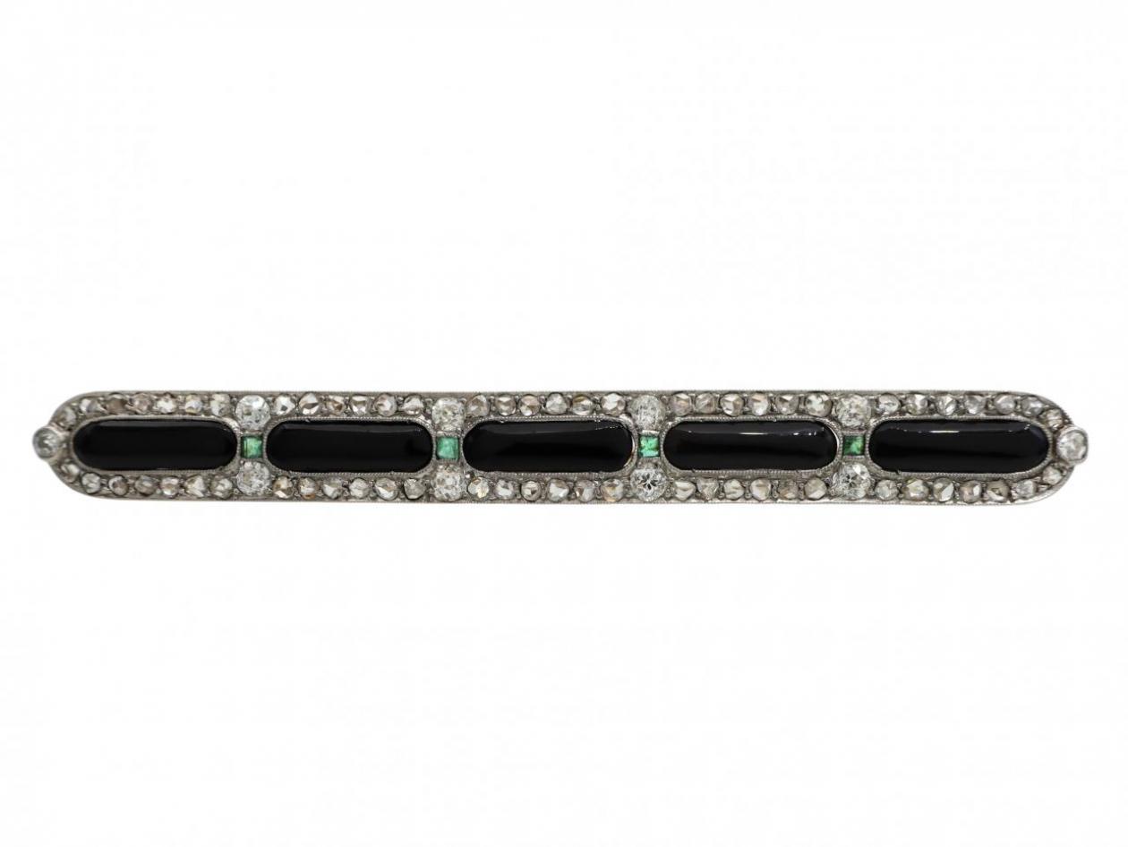 Art Deco Onyx, Emerald & Diamond Bar Brooch in Platinum on Gold