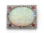 Art Deco Opal, Diamond & Ruby Rectangular Brooch
