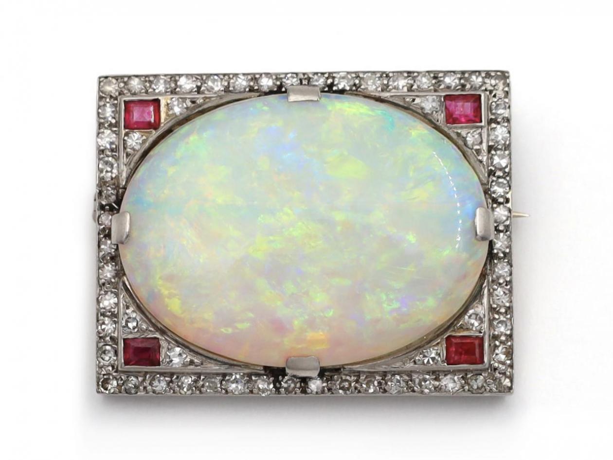 Art Deco Opal, Diamond & Ruby Rectangular Brooch