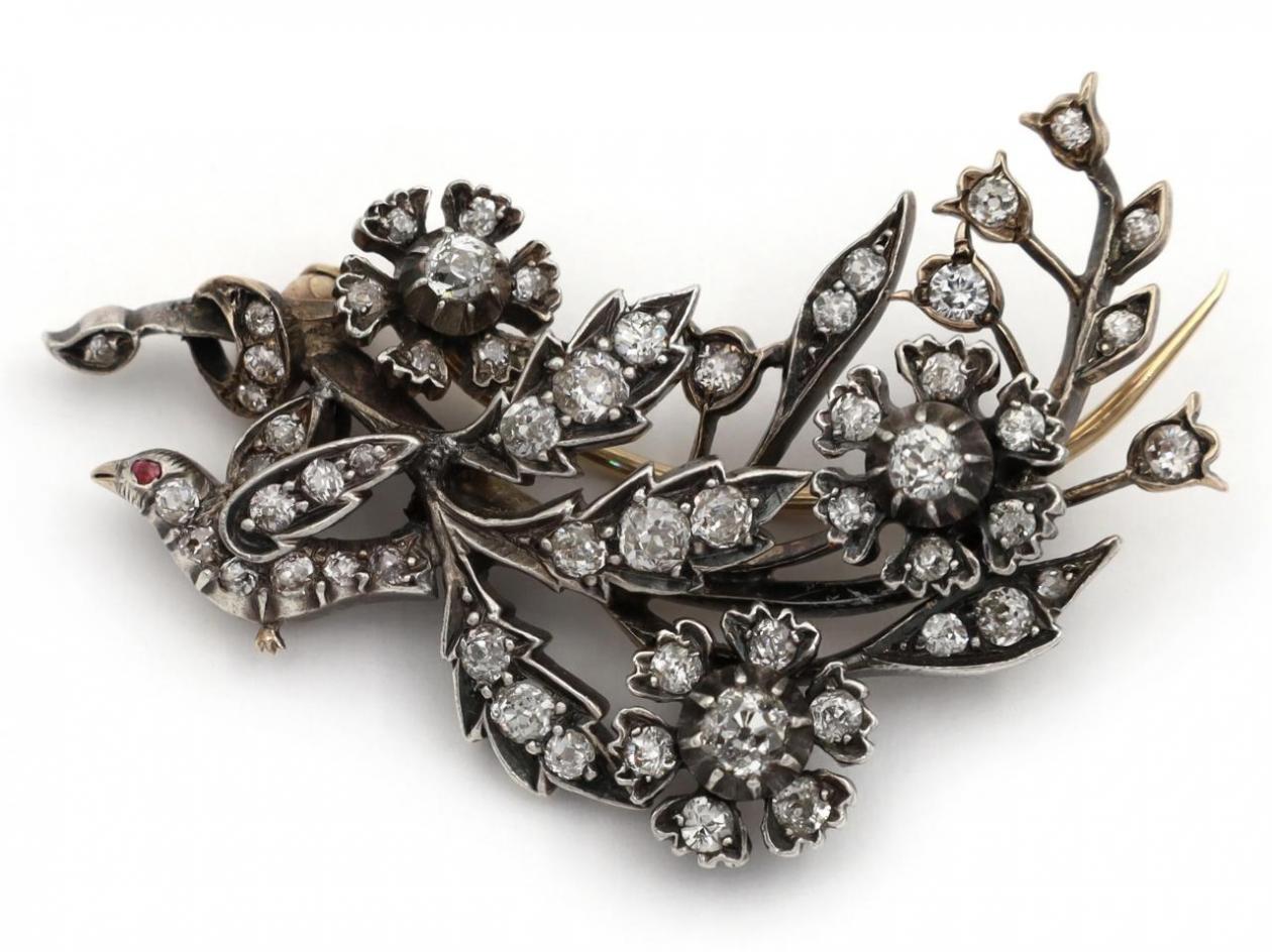 Victorian Diamond & Ruby Bird & Floral Spray Brooch