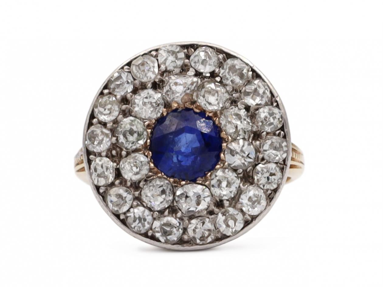 Edwardian sapphire and diamond double row circular cluster ring