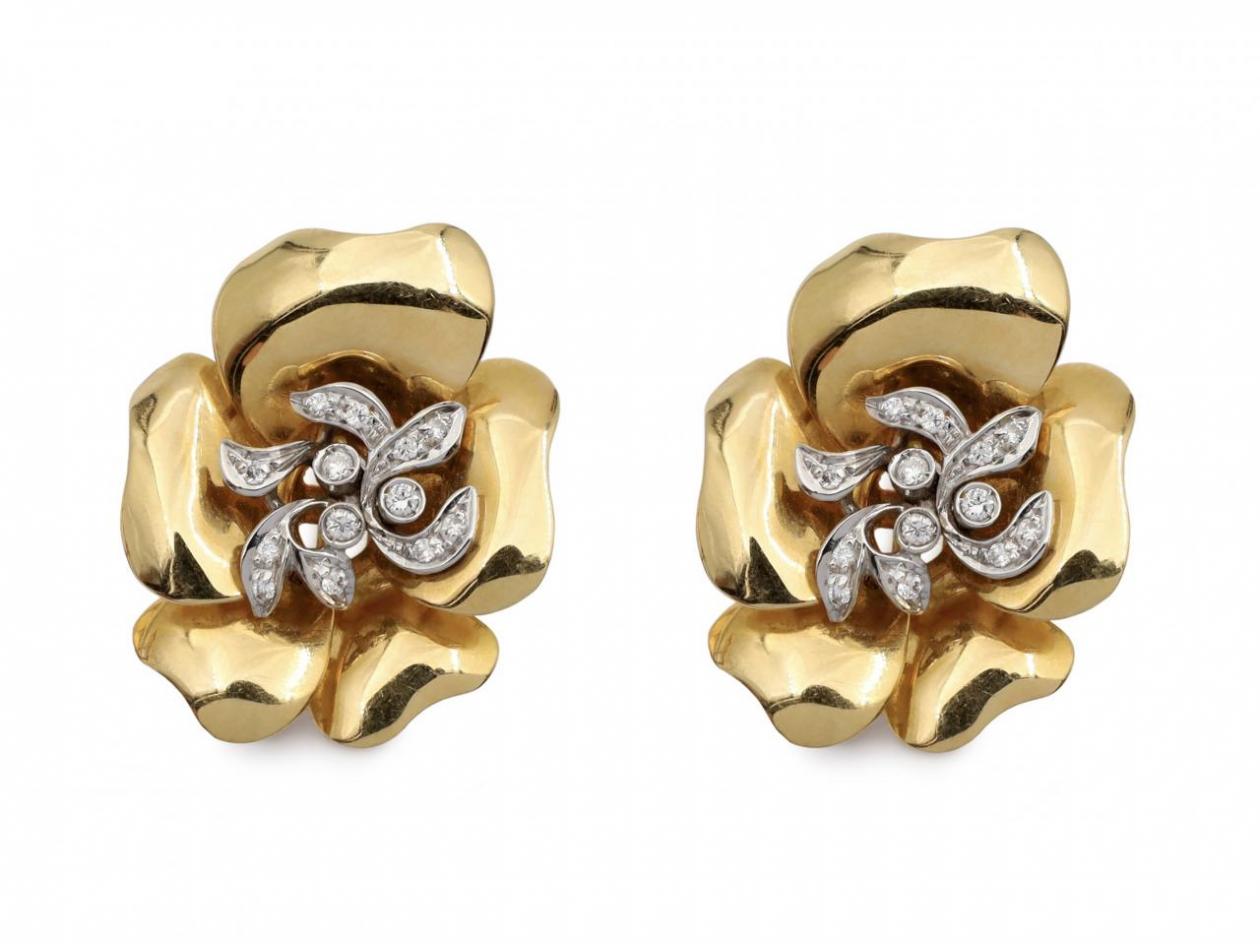 Italian vintage diamond and 18kt yellow gold pansy earrings