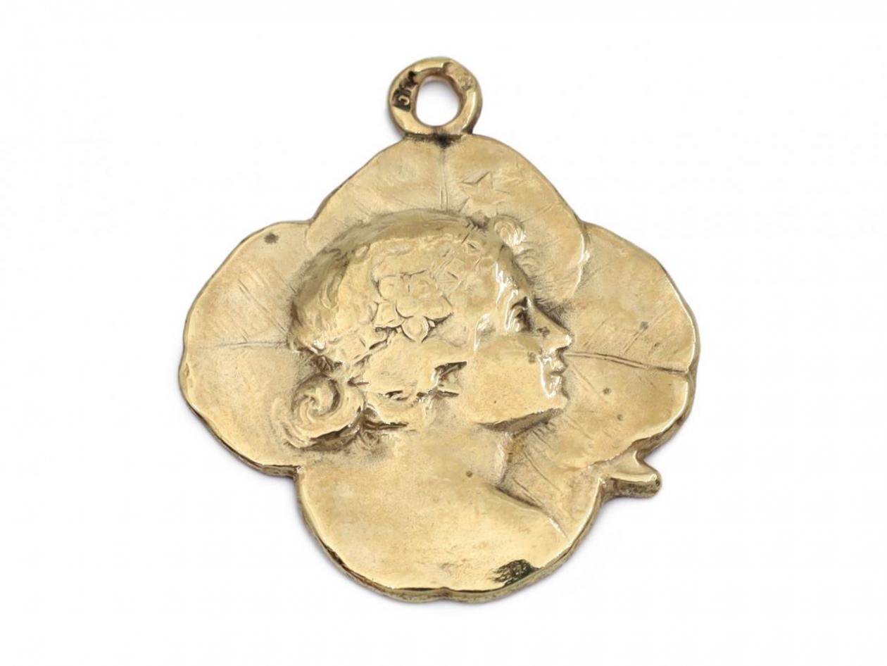Art Nouveau whimsical woman quatrefoil pendant