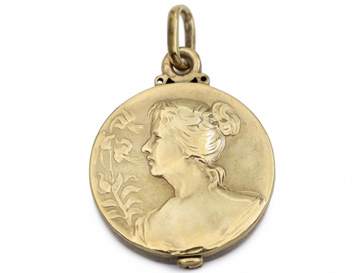 Art Nouveau maiden medallion with hinged locket