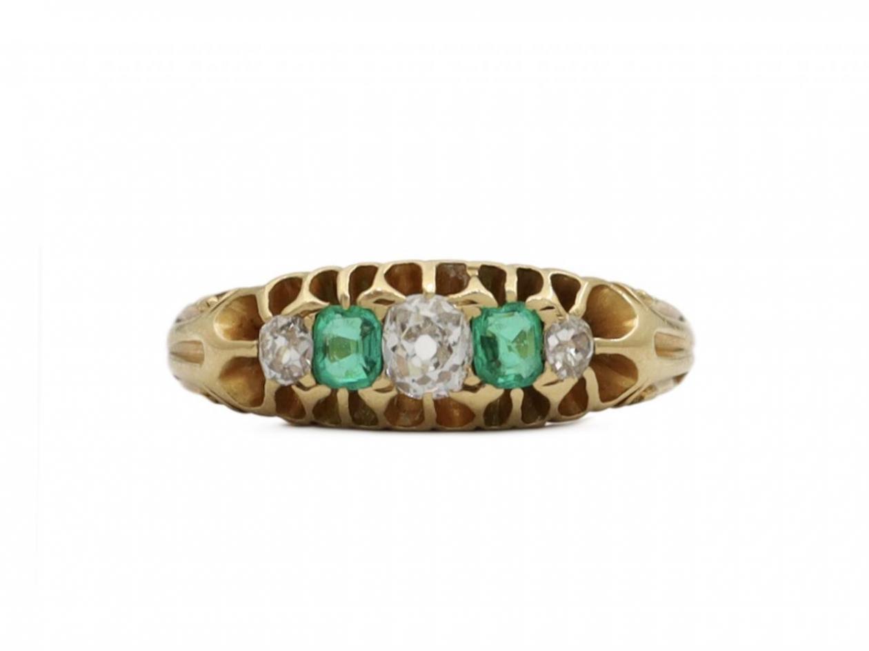 Victorian diamond and emerald five stone ring in gold
