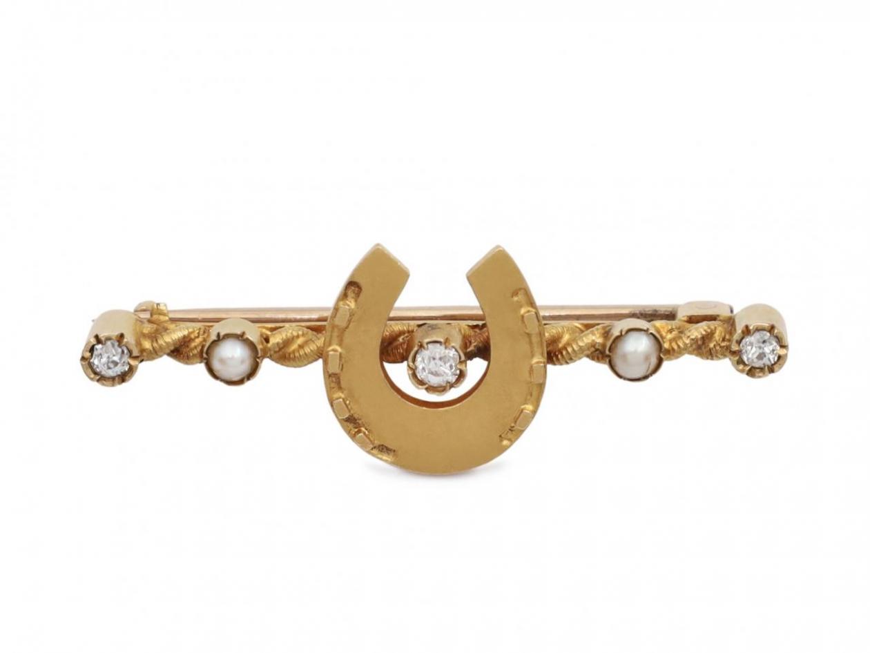 Antique horseshoe diamond and pearl bar brooch in gold