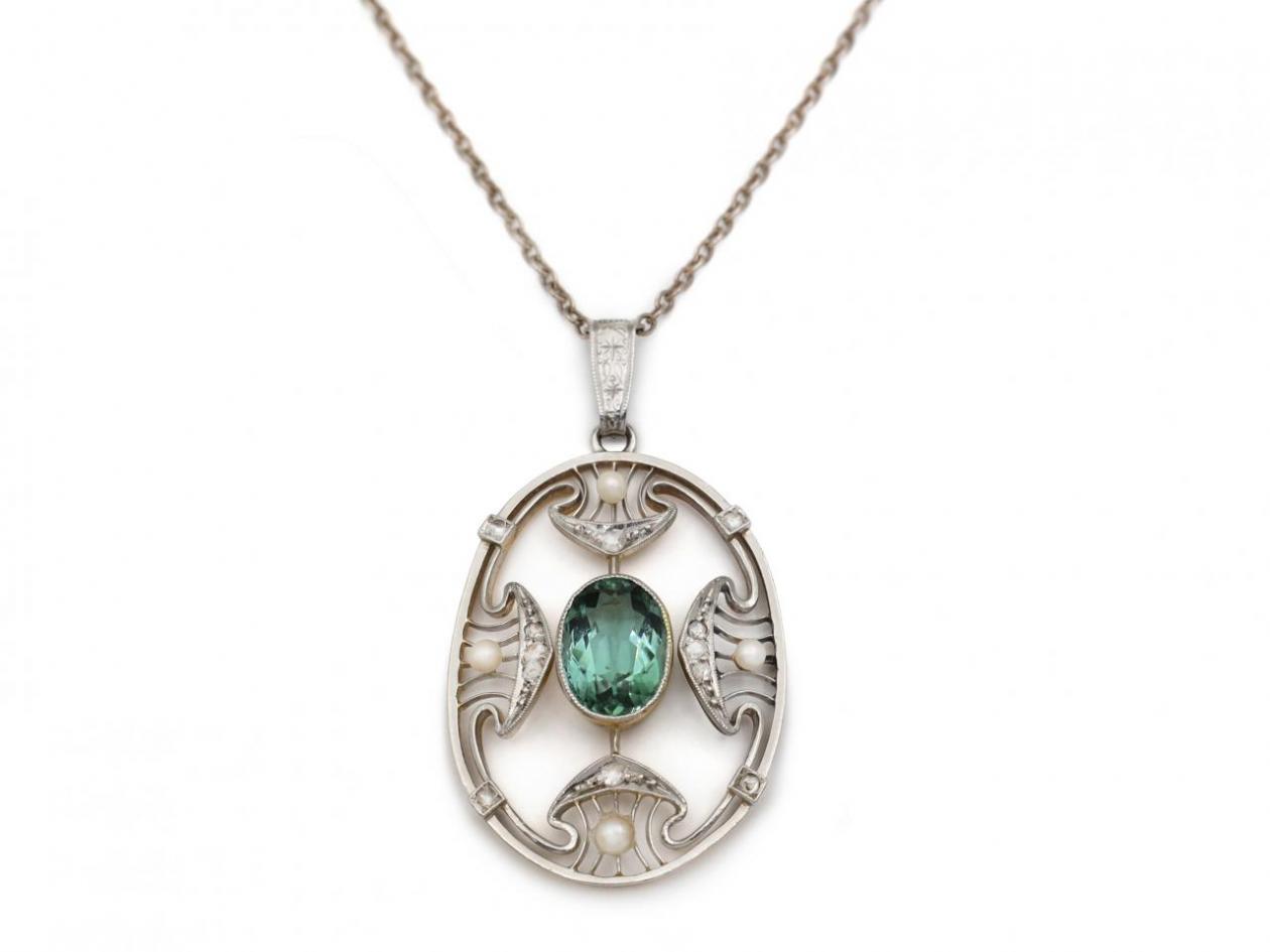 Edwardian tourmaline, diamond and pearl openwork pendant
