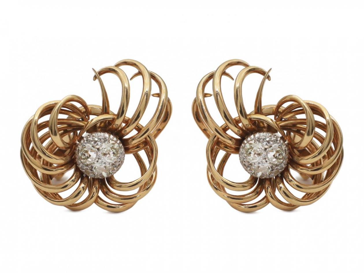 1950s Old Mine diamond wirework floral earrings in gold