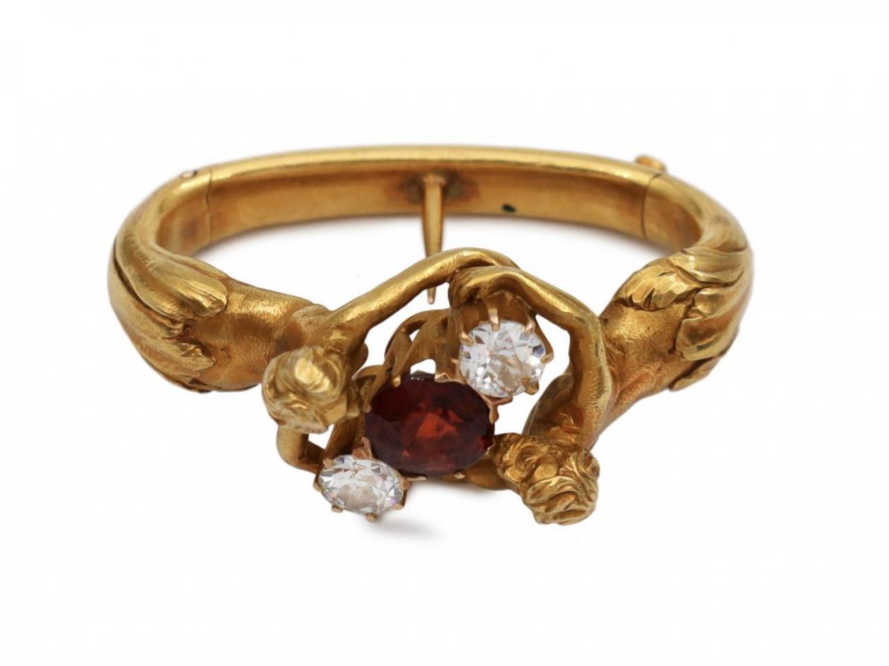 Art Nouveau spessartite garnet and diamond hair clip/scarf toggle