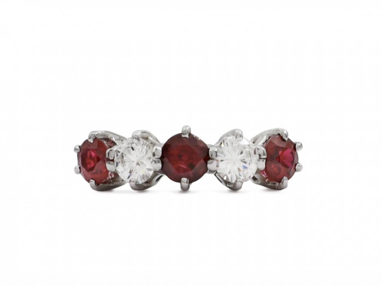 Modern ruby and diamond five stone ring in 18kt white gold