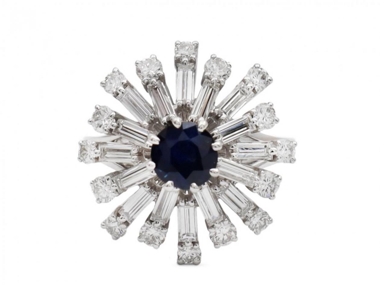 Vintage sapphire and diamond snowflake cluster ring