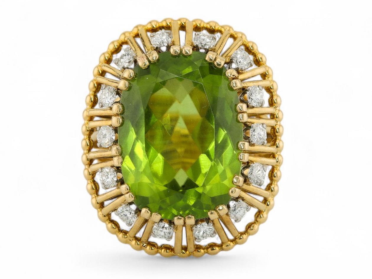 Retro 1950s peridot and diamond cocktail ring in 18kt gold
