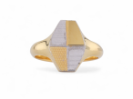 Engine Turned Hexagonal Navette Signet Ring in 22kt Yellow Gold and Palladium