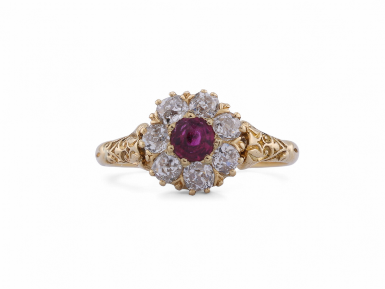 Victorian ruby and Old Mine cut diamond coronet cluster ring in 18kt yellow gold – Courtville Antiques