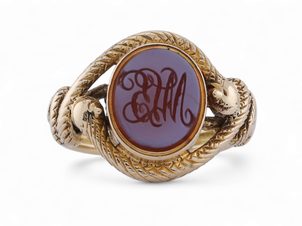 Antique yellow gold double snake ring with sardonyx intaglio of a classical bust – Courtville Antiques