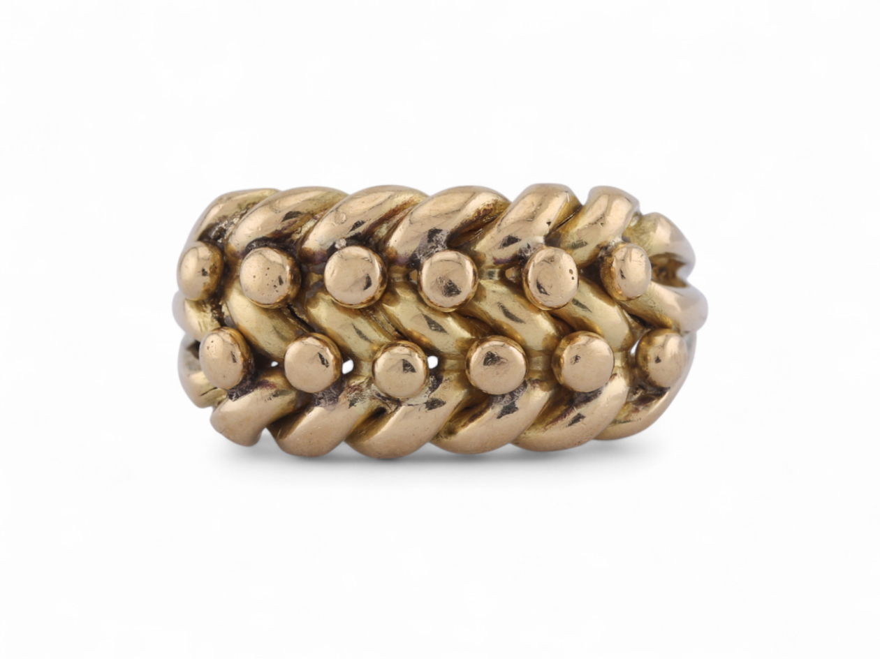 Edwardian 18kt yellow gold keeper ring by J Sherwood & Sons, Courtville Antiques