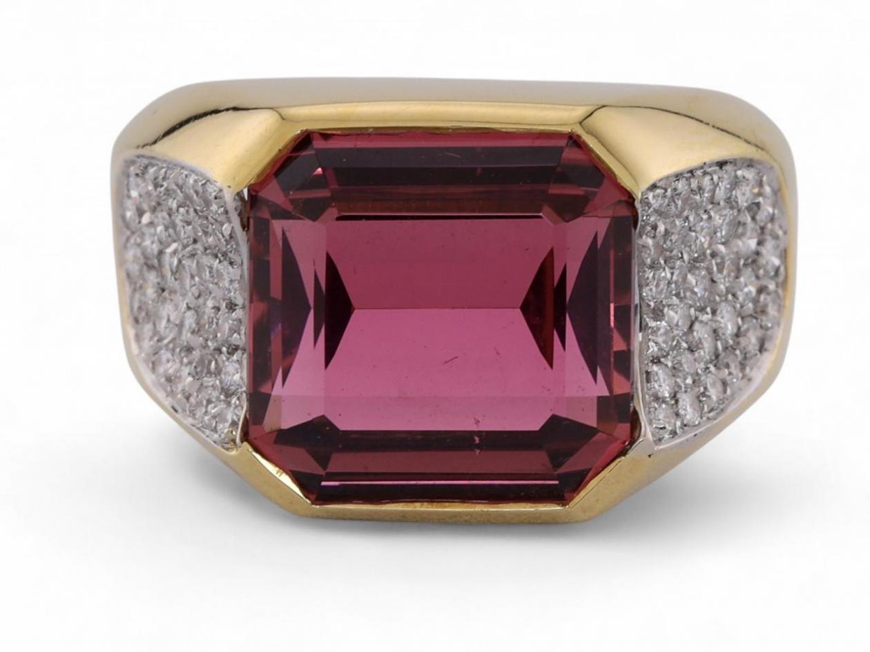 Vintage Rubellite And Diamond Cocktail Ring In 18kt Yellow Gold
