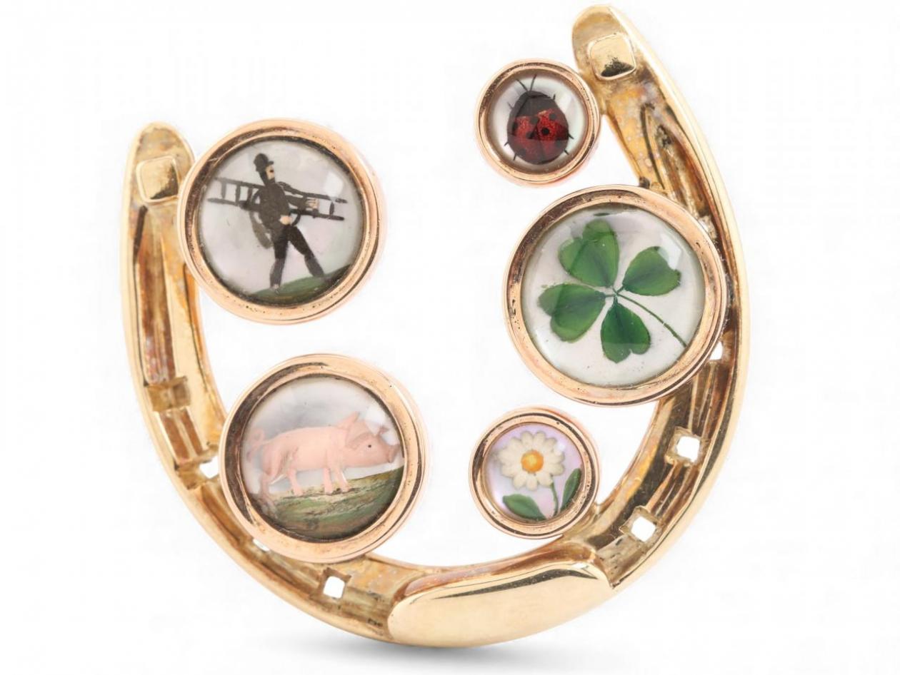 Antique Austrian Essex Crystal Set Multi-Lucky Charm Brooch in 14kt Yellow Gold