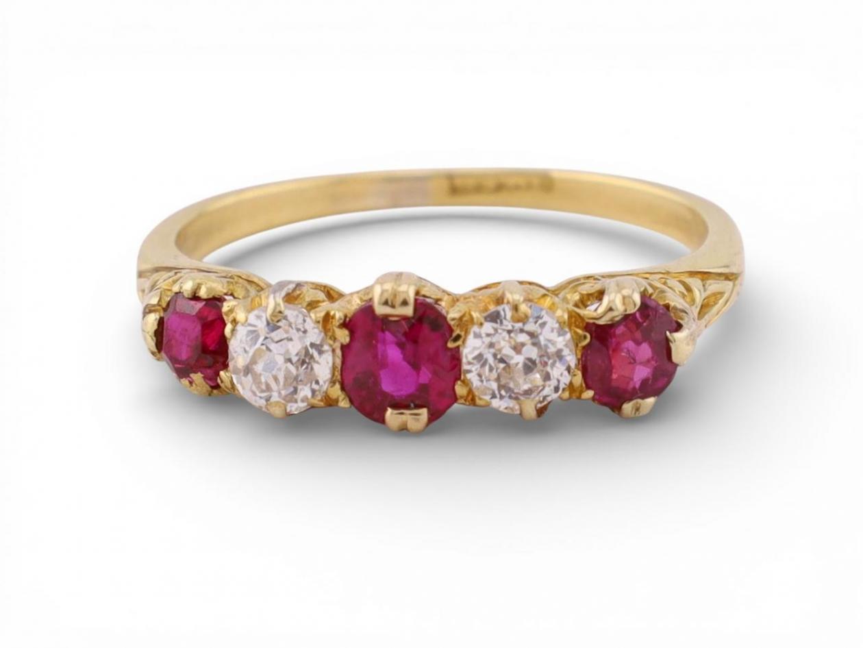 Victorian Ruby and Diamond Five-stone Ring in 18kt Yellow Gold