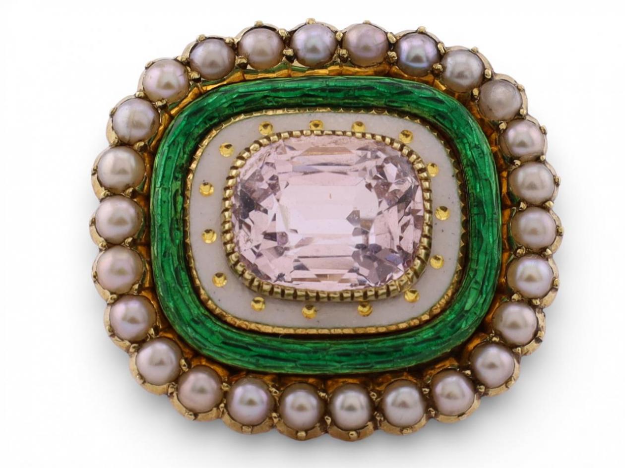 Antique Pink Topaz, Pearl and Enamel Brooch