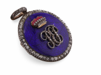 Victorian Circular Diamond And Enamel Brooch/Pendant In Silver On Gold