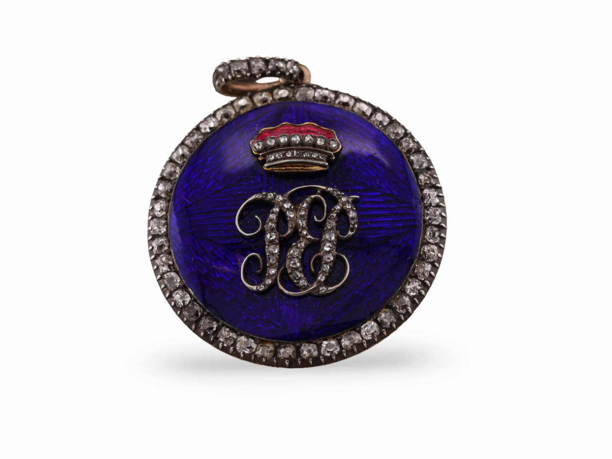 Victorian Circular Diamond And Enamel Brooch/Pendant In Silver On Gold