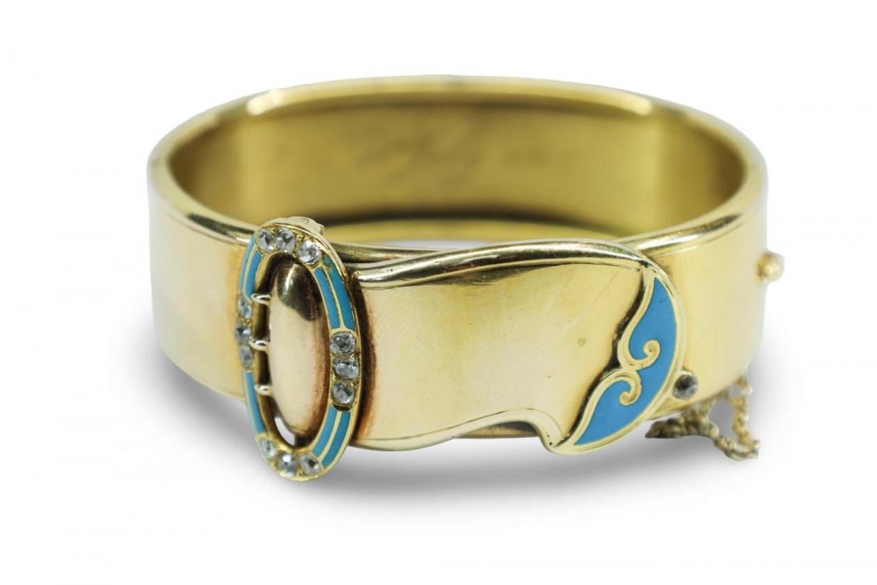 Victorian Gold, Enamel and Diamond Buckle Bangle