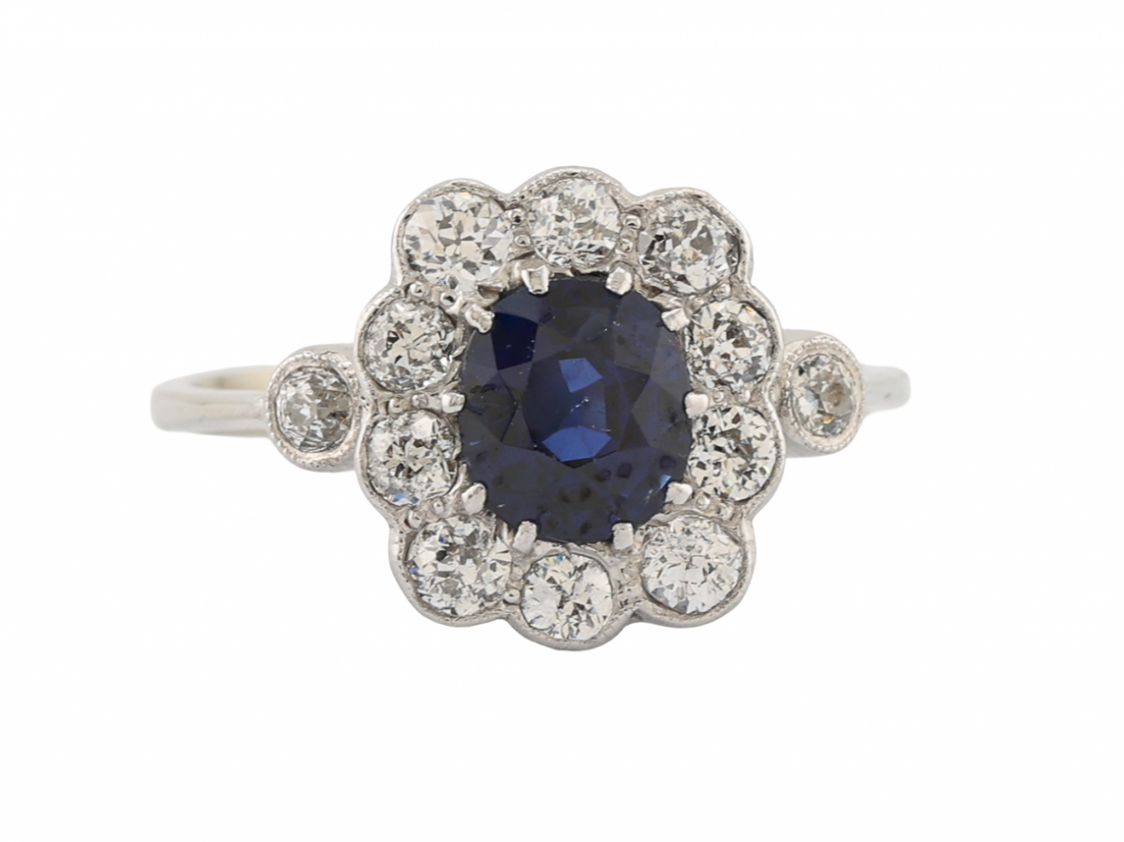 White Gold Sapphire and Diamond Daisy Cluster Ring