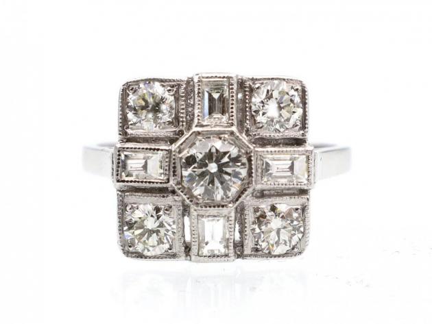 Art Deco style diamond square cluster ring in platinum