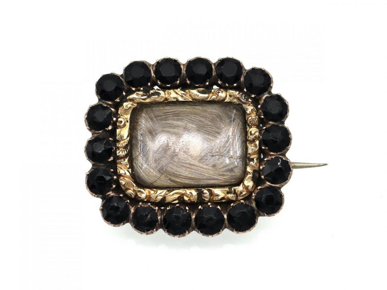 1828 Jet & Hair Mourning Brooch Pendant in Rose Gold