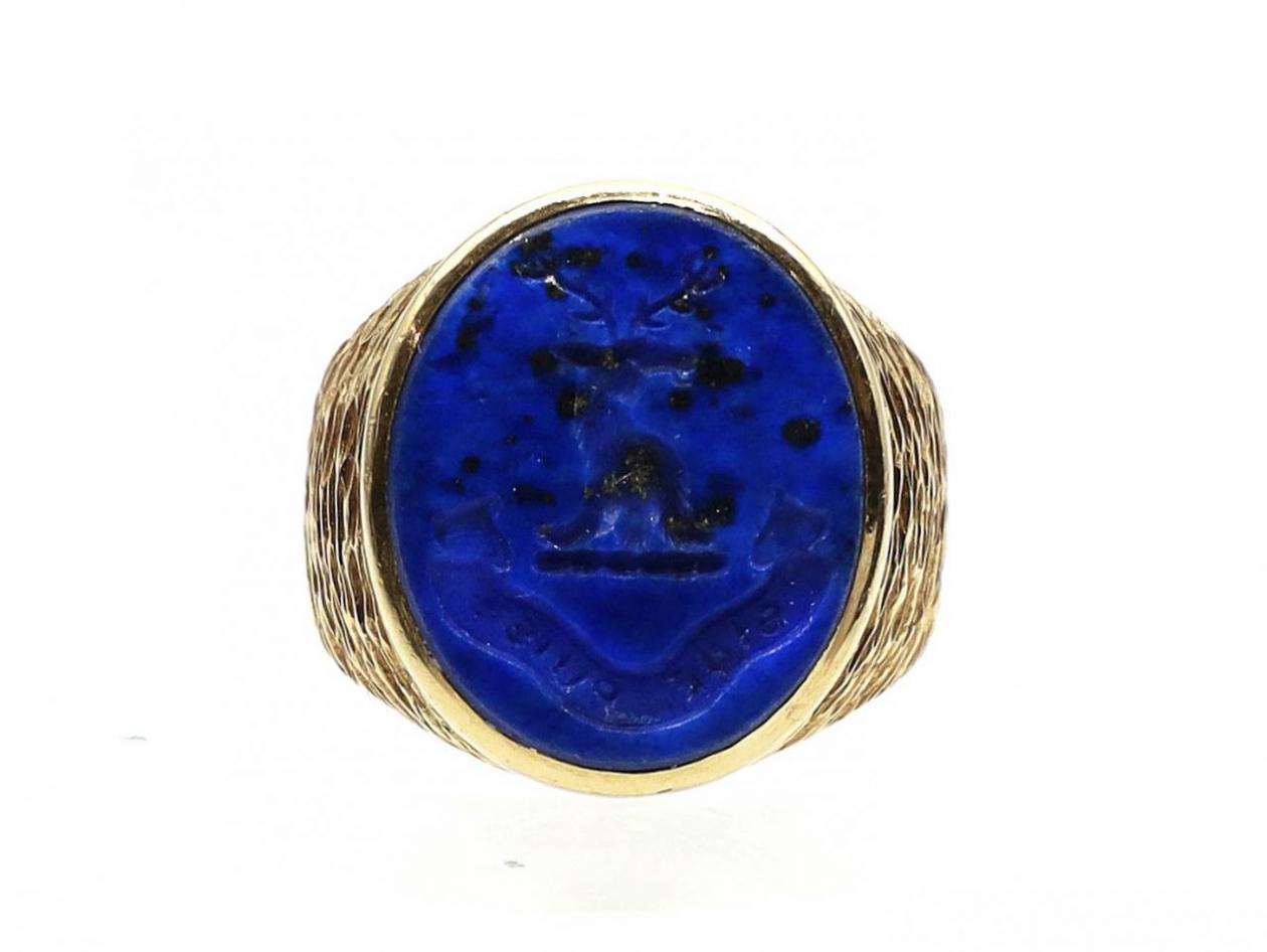 Vintage 'If I Can' Lapis Lazuli Intaglio Signet Ring in Yellow Gold