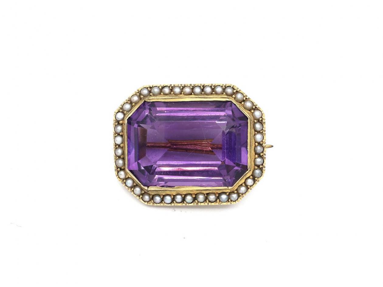 Victorian Amethyst & Seed Pearl Brooch in Yellow Gold