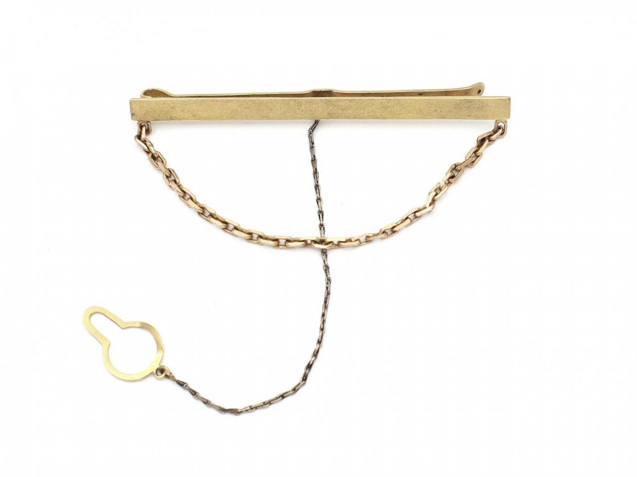 Vintage 9kt yellow gold frosted tie slide with safety chain