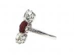 Art Deco ruby and diamond vertical three stone ring in white gold
