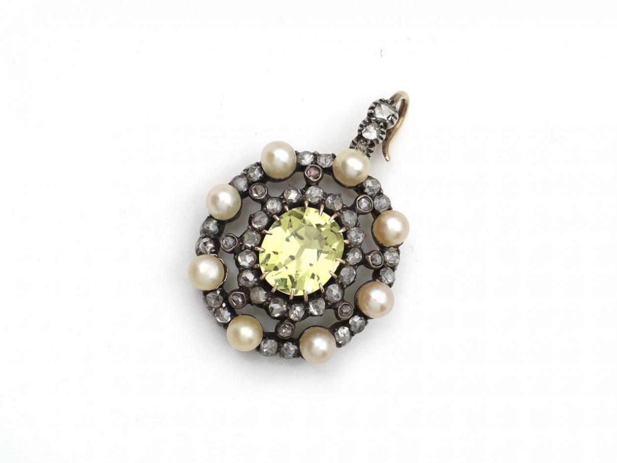 Antique Chrysoberyl Diamond & Pearl Cluster Pendant
