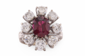 White Gold Ruby and Diamond Starburst Cluster Ring