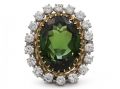 Retro green tourmaline and diamond oval cluster ring in gold and platinum