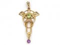 Antique suffragette peridot, pearl and amethyst pendant in gold