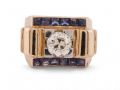 Retro old mine diamond and sapphire tank ring in 18kt yellow gold and platinum