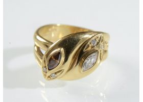 Contemporary cognac diamond double snake ring in yellow gold