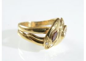 Contemporary cognac diamond double snake ring in yellow gold