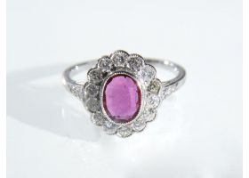 Vintage ruby and diamond floral cluster ring in 18kt white gold