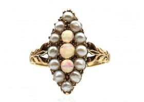 Edwardian opal and seed pearl marquise cluster ring in gold