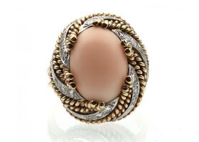 1960s angel skin coral and diamond swirl cocktail ring in yellow gold