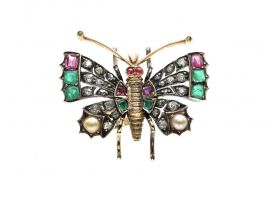 Antique ruby, pearl, emerald and diamond butterfly ring