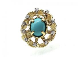Turquoise and diamond fancy openwork cluster ring in gold