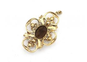 Vintage smokey quartz and pearl open work pendant in gold