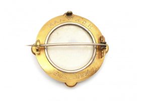 Etruscan revival garnet and pearl locket brooch in yellow gold