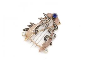 Antique 15kt gold Russian lyre brooch set with diamonds and sapphire