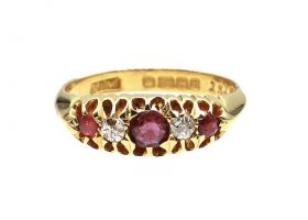 Antique five stone ruby and diamond ring in 18kt yellow gold